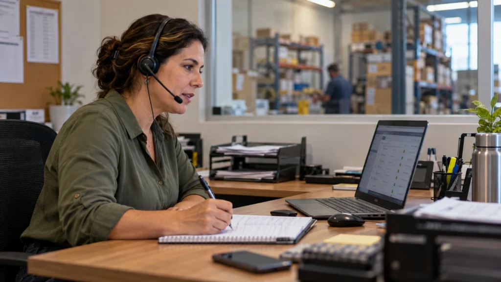 Profissional atende uma chamada com headset e registra anotações ao lado de um notebook com lista de contatos.