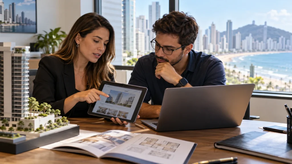Profissional participa de uma reunião por vídeo no notebook enquanto analisa o layout impresso de uma página.