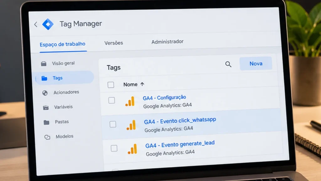 Notebook com representação visual de tags de eventos do GA4 no Google Tag Manager