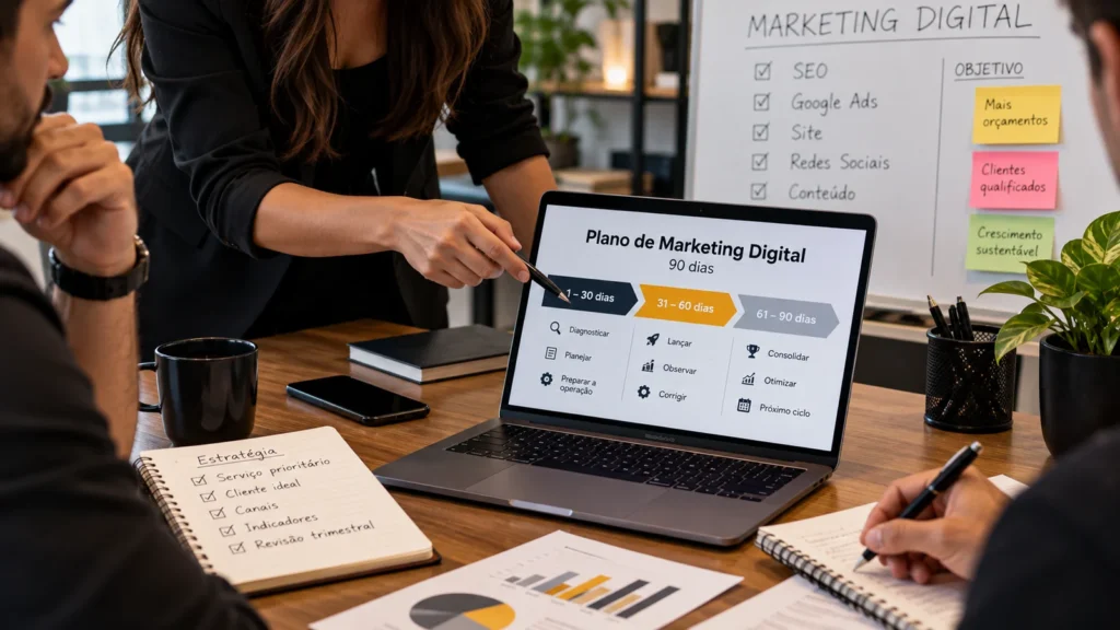 Profissionais discutem estratégias de marketing digital durante uma reunião de planejamento empresarial.