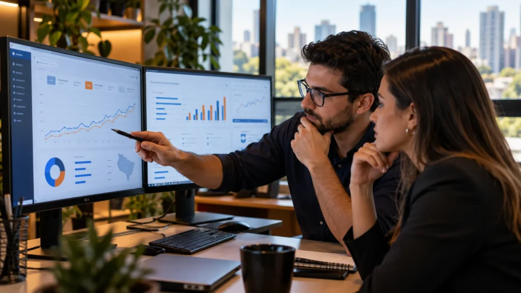 Reunião de profissionais planejando estratégia de marketing B2B e geração de leads em Curitiba