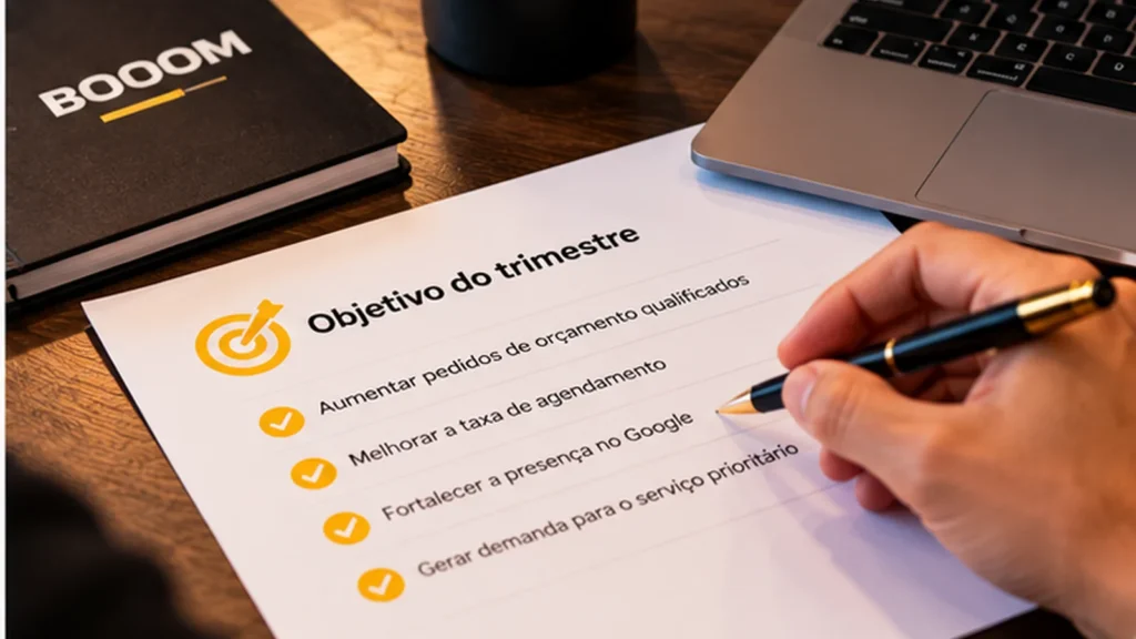 Profissional registra objetivos trimestrais de marketing em uma lista de prioridades para uma empresa de serviços.